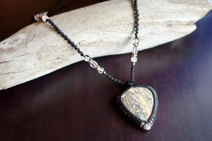 Long Leopard Skin Jasper Macrame Necklace | Stone of Relaxation | Unisex, Healing Crystal Jewelry