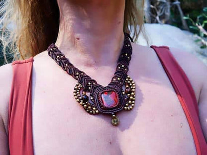 Crystallized Red Jasper Macrame Necklace | Ziba Design | Stone of Relaxation | Micro-Macrame | Healing Crystal Jewelry
