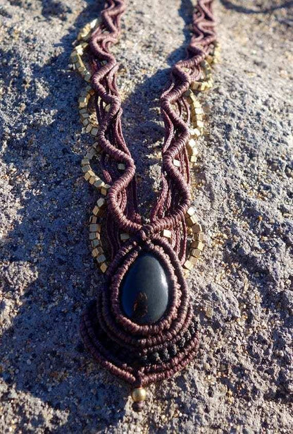 Golden Obsidian Macrame Necklace | Temple Design