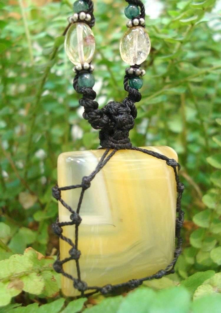 organic CHALCEDONY macrame Necklace – Your Stone for HARMONY – metaphysical healing crystal