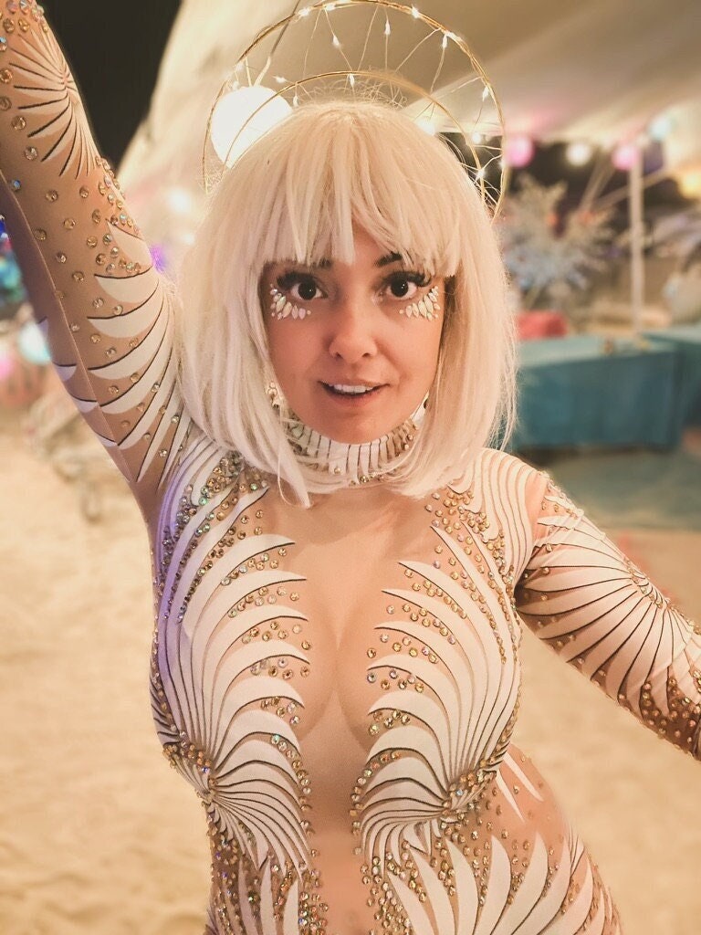 Feminine Divine Rhinestone Bodysuit | White Gold Sacred Geometry Festival Catsuit – Manifestie
