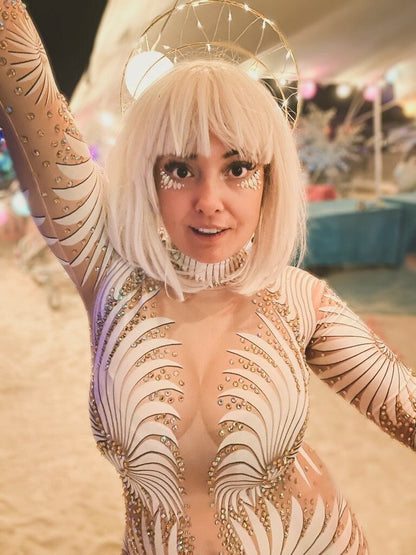Feminine Divine Rhinestone Bodysuit | White Gold Sacred Geometry Festival Catsuit – Manifestie