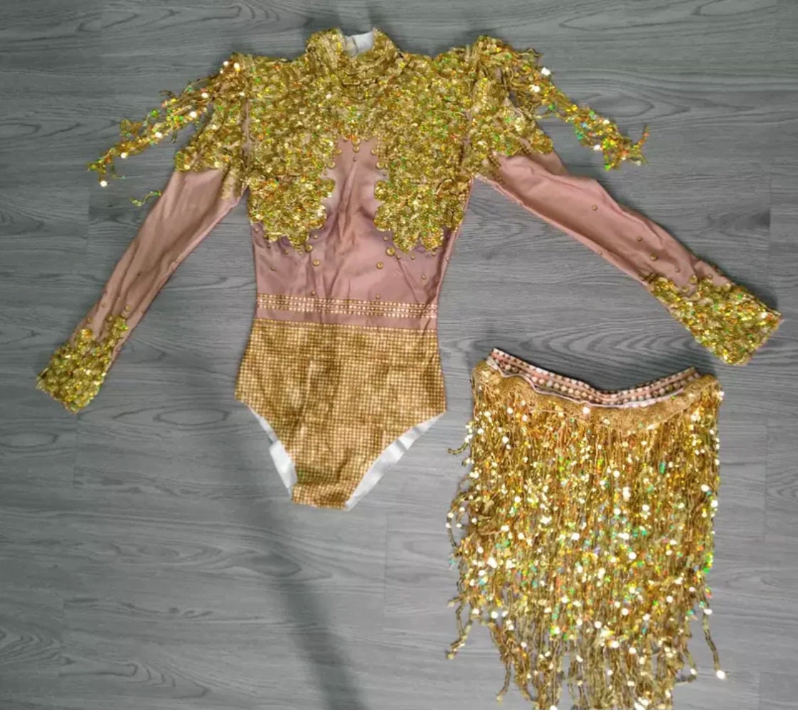 Athena Crystal Leotard with Skirt / Gold Sequin Bodysuit / Festival Outfit / Drag / Rhinestone Catsuit / Burning Man / Performer Costume