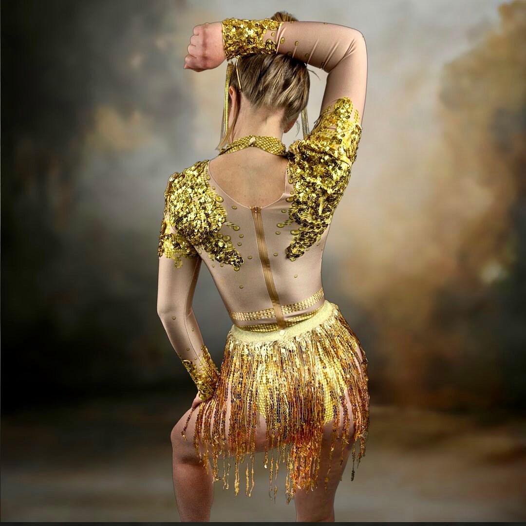 Athena Crystal Leotard with Skirt / Gold Sequin Bodysuit / Festival Outfit / Drag / Rhinestone Catsuit / Burning Man / Performer Costume
