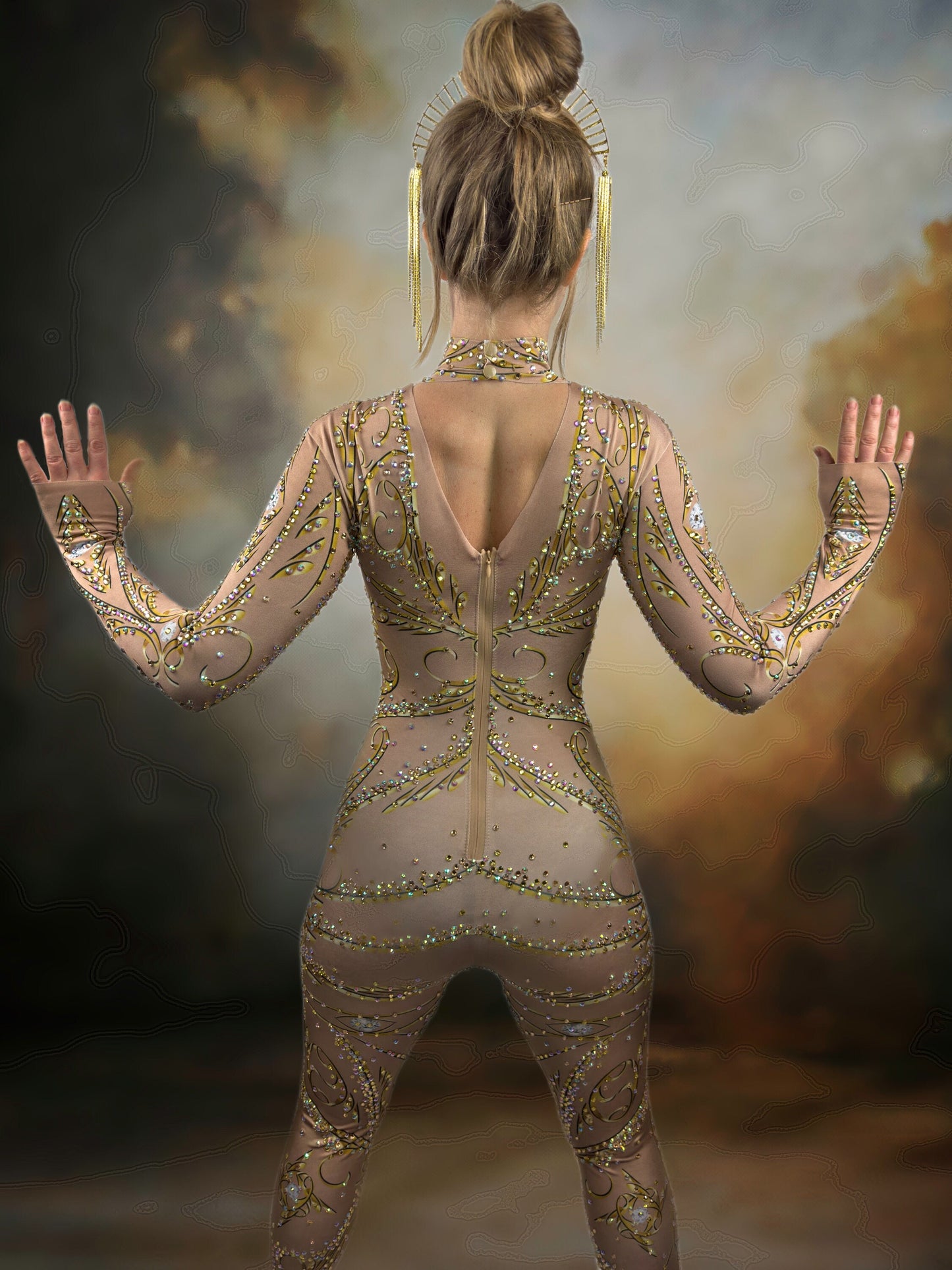 Surya Rhinestone Bodysuit / Beige Diamond Crystal Catsuit / Festival Jumpsuit / Drag / New Years Burning Man / Performer Costume