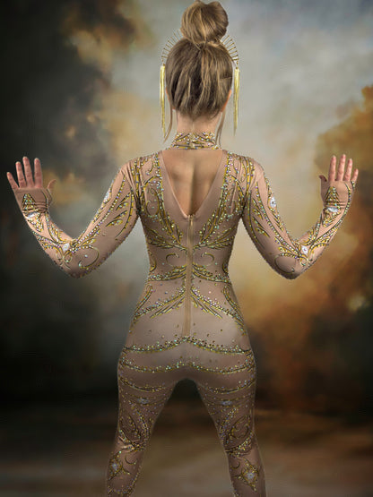 Surya Rhinestone Bodysuit / Beige Diamond Crystal Catsuit / Festival Jumpsuit / Drag / New Years Burning Man / Performer Costume