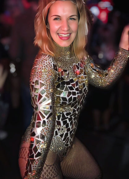 Luminous Mirror Rhinestone Bodysuit | Gold & Silver Disco Ball Festival Leotard – Manifestie