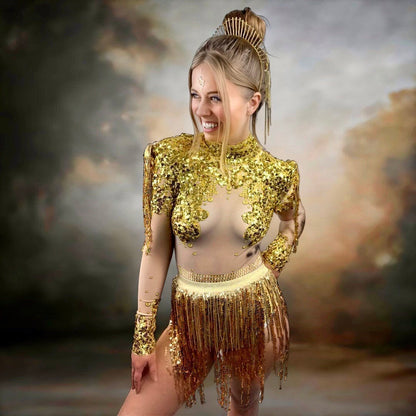 Athena Crystal Leotard with Skirt / Gold Sequin Bodysuit / Festival Outfit / Drag / Rhinestone Catsuit / Burning Man / Performer Costume