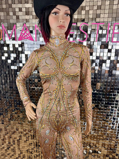 Surya Rhinestone Bodysuit / Beige Diamond Crystal Catsuit / Festival Jumpsuit / Drag / New Years Burning Man / Performer Costume