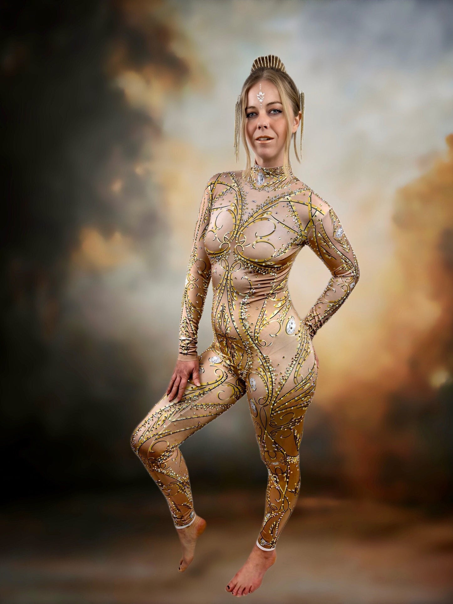 Surya Rhinestone Bodysuit / Beige Diamond Crystal Catsuit / Festival Jumpsuit / Drag / New Years Burning Man / Performer Costume