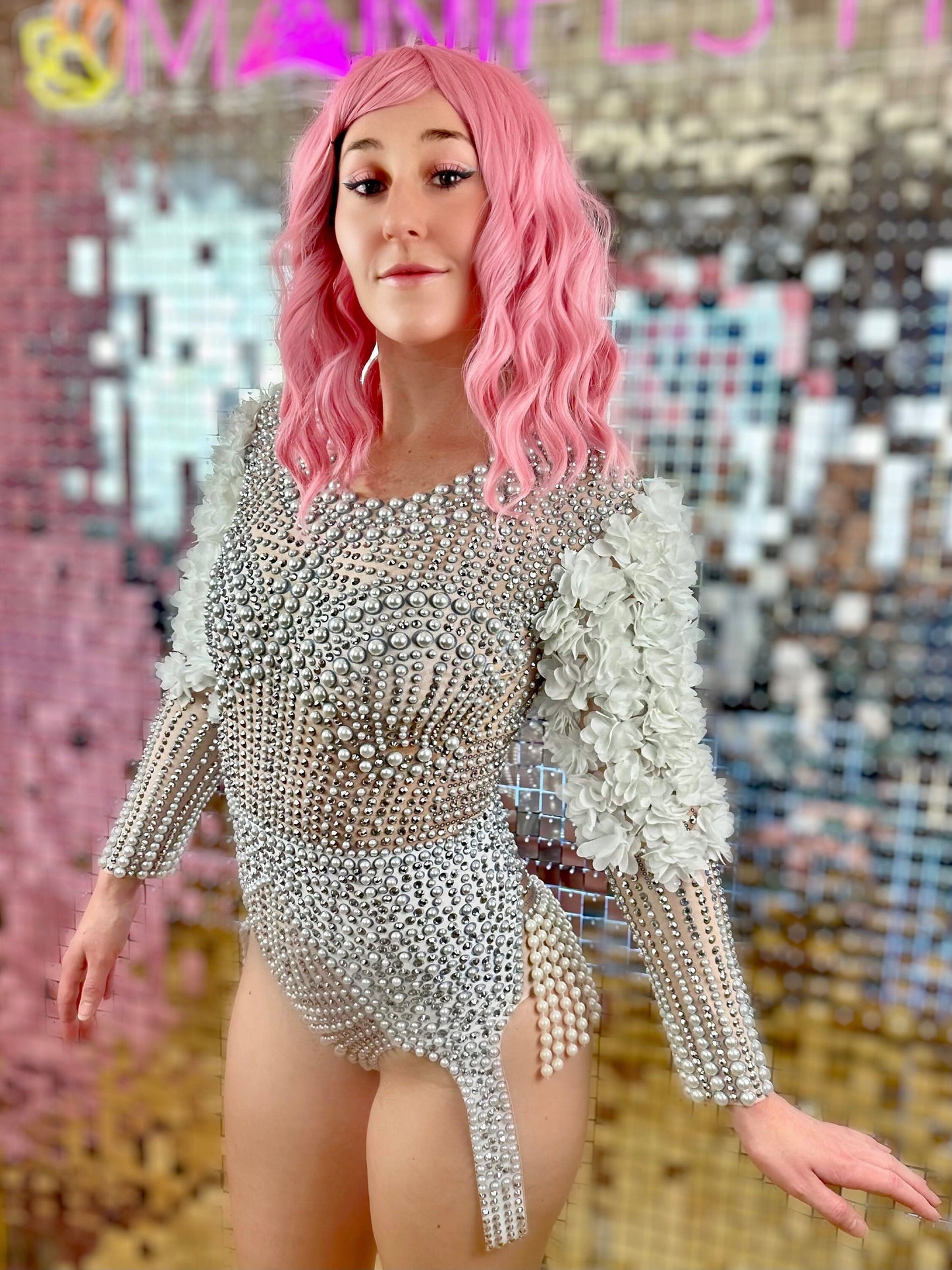 Zara Rhinestone Bodysuit / Flower Ruffle Sleeves with Pearls l Festival Jumpsuit / Glamorous Wedding Leotard / NYE Crystal Catsuit Burning Man / Dancer Performer Leotard