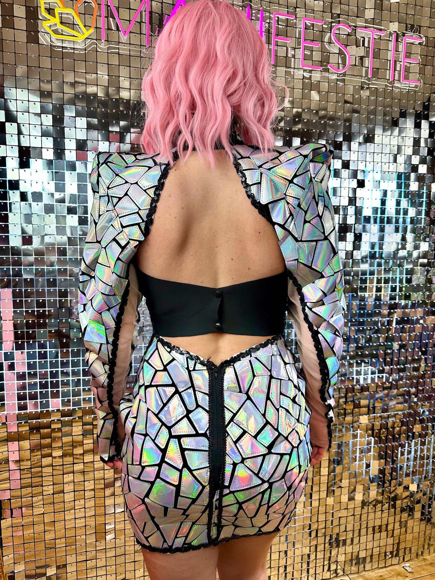 Ruby SciFi Sequins  Dress / Geometric Rainbow Costume / Futuristic Space Bodycon Outfit / Pointed Shoulders Mesh Catsuit / Burning Man / Cosplay