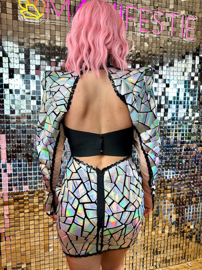 Ruby SciFi Sequins  Dress / Geometric Rainbow Costume / Futuristic Space Bodycon Outfit / Pointed Shoulders Mesh Catsuit / Burning Man / Cosplay
