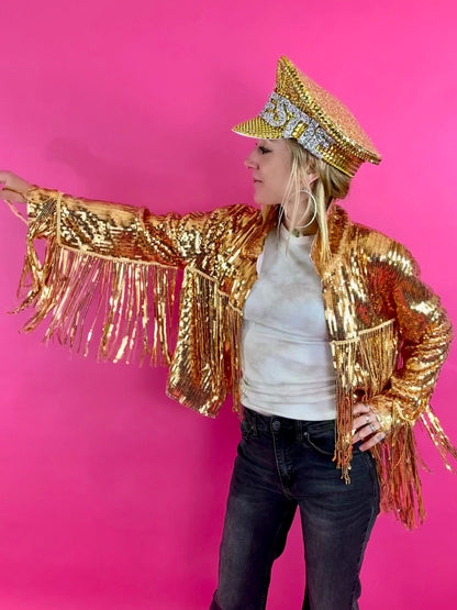 Unisex Gold Sequin Jacket, Disco Jacket, Vintage Fringed Coat, Boho Tinsel Jacket with Tassels, Western Jacket, Bohemian Party Jacket