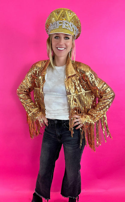 Unisex Gold Sequin Jacket, Disco Jacket, Vintage Fringed Coat, Boho Tinsel Jacket with Tassels, Western Jacket, Bohemian Party Jacket