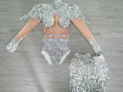 Athena Silver Sequin Leotard / Festival Bodysuit / Halloween Party Tassel Catsuit Burning Man Disco Performer Stage Costume Fringe