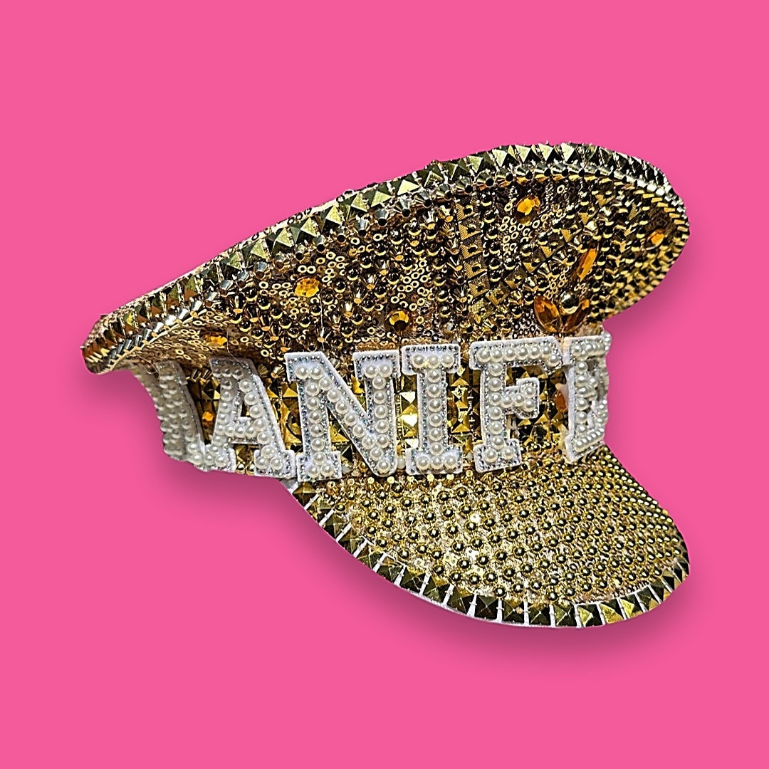 Pink Heart Rhinestone Hat / Valentines Day Jazz Fest Hat, Party Captain Hat, Sequin Festival Hat, Rave Hat, Birthday Hat, Custom Phrase Hat