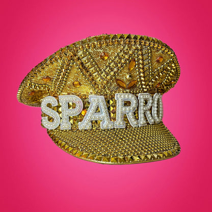 Personalized Fancy Gold Rhinestone Hat / Sequin Hat, Party Captain Hat, Festival Hat /Party Hat, Rave Hat / Birthday Hat / Custom Phrase Hat