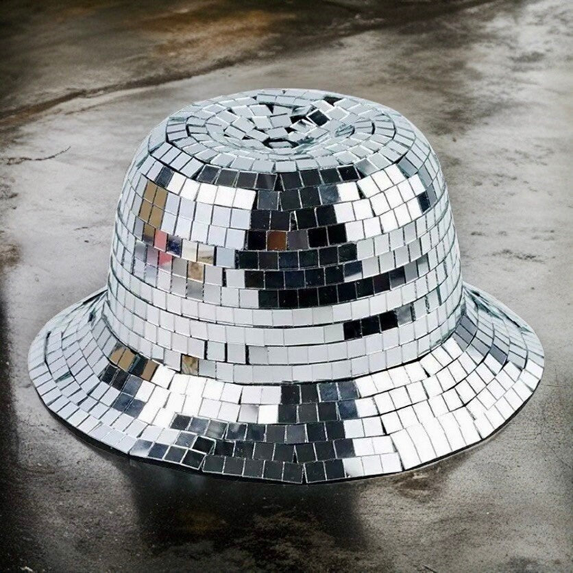 Boombox Disco Ball Bucket Hat / Glass Silver Disco Tiles / Sequin Hat / Party Hat / Festival Hat, Burning Man Hat, EDC Hat, Rave Hat / Birthday Hat