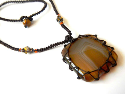 square Agate macrame Necklace – Your Stone For Protection – Bohemian healing crystal- chalcedony
