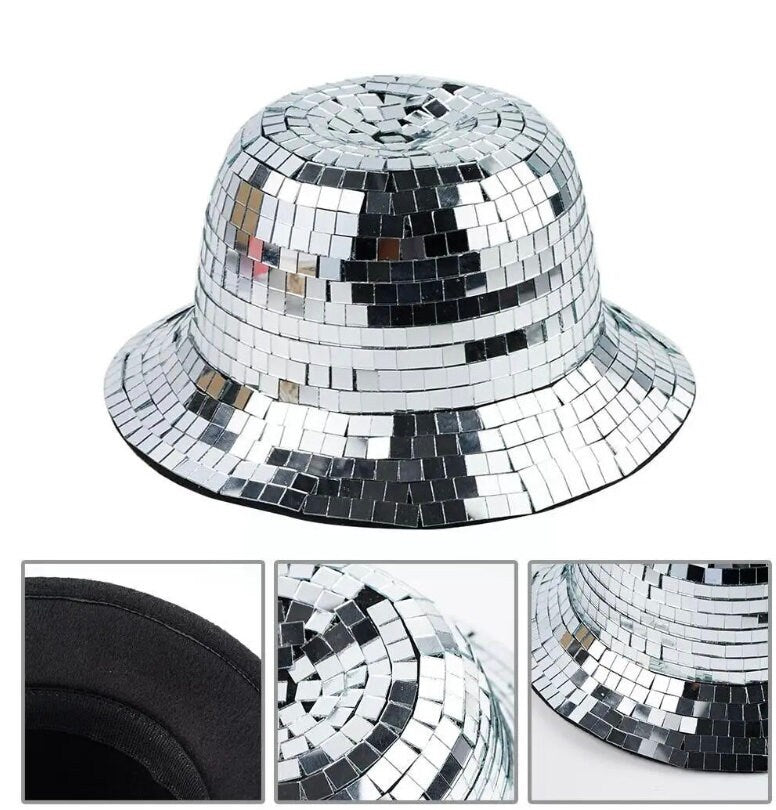 Boombox Disco Ball Bucket Hat / Glass Silver Disco Tiles / Sequin Hat / Party Hat / Festival Hat, Burning Man Hat, EDC Hat, Rave Hat / Birthday Hat