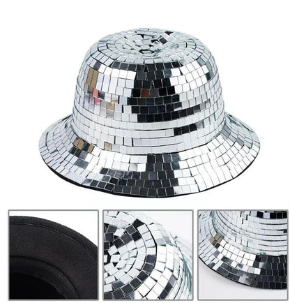 Boombox Disco Ball Bucket Hat / Glass Silver Disco Tiles / Sequin Hat / Party Hat / Festival Hat, Burning Man Hat, EDC Hat, Rave Hat / Birthday Hat