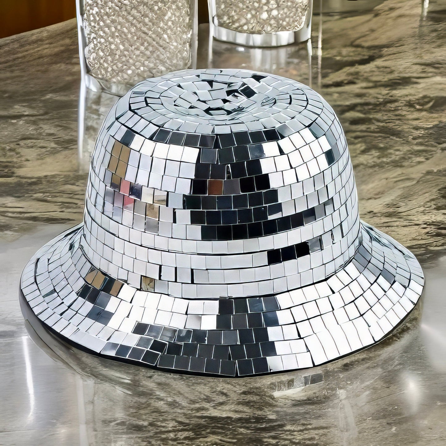 Boombox Disco Ball Bucket Hat / Glass Silver Disco Tiles / Sequin Hat / Party Hat / Festival Hat, Burning Man Hat, EDC Hat, Rave Hat / Birthday Hat