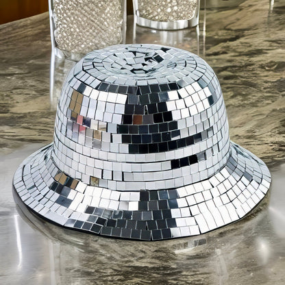 Boombox Disco Ball Bucket Hat / Glass Silver Disco Tiles / Sequin Hat / Party Hat / Festival Hat, Burning Man Hat, EDC Hat, Rave Hat / Birthday Hat