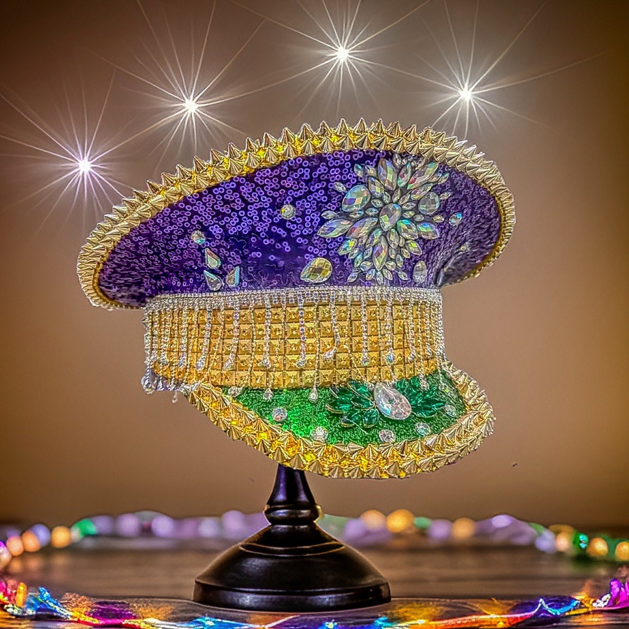 Purple and Gold Mardi Gras Rhinestone Hat / Jazz Fest Hat, Party Captain Hat, Sequin Festival Hat, Rave Hat, Birthday Hat, Custom Phrase Hat