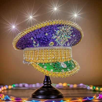 Purple and Gold Mardi Gras Rhinestone Hat / Jazz Fest Hat, Party Captain Hat, Sequin Festival Hat, Rave Hat, Birthday Hat, Custom Phrase Hat