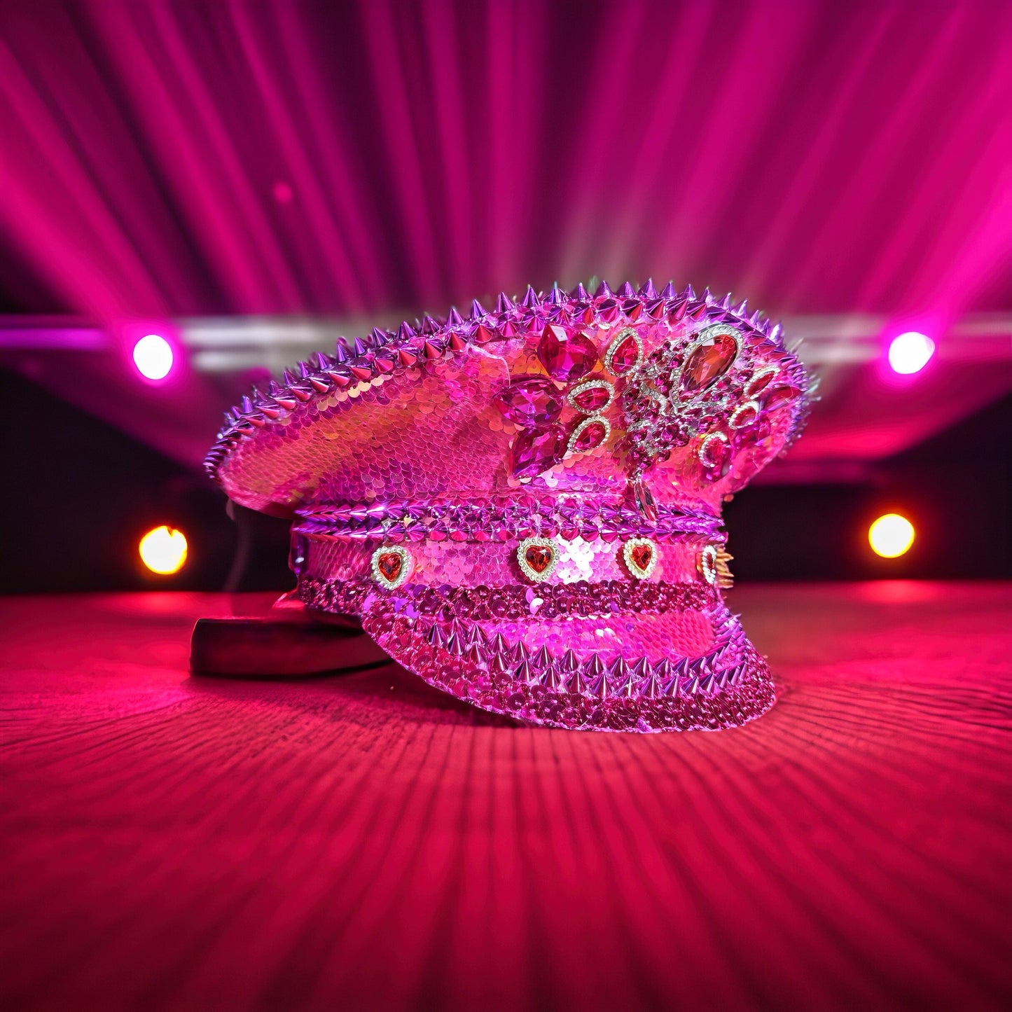 Pink Heart Rhinestone Hat / Valentines Day Jazz Fest Hat, Party Captain Hat, Sequin Festival Hat, Rave Hat, Birthday Hat, Custom Phrase Hat