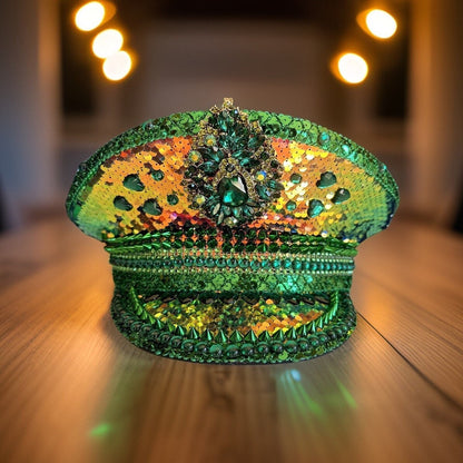 Green and Gold Saint Patricks Day Rhinestone Hat, Party Captain Hat, Rainbow Sequin Festival Hat, Rave Hat, Birthday Hat, Custom Word Hat