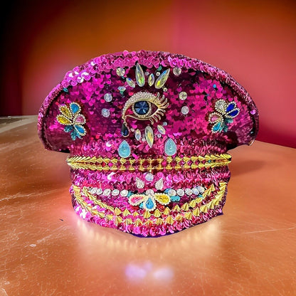 3rd Eye Pink Rhinestone Hat, Valentines Day Jazz Fest Hat, Party Captain Hat, Sequin Festival Hat, Rave Hat, Birthday Hat, Custom Phrase Hat