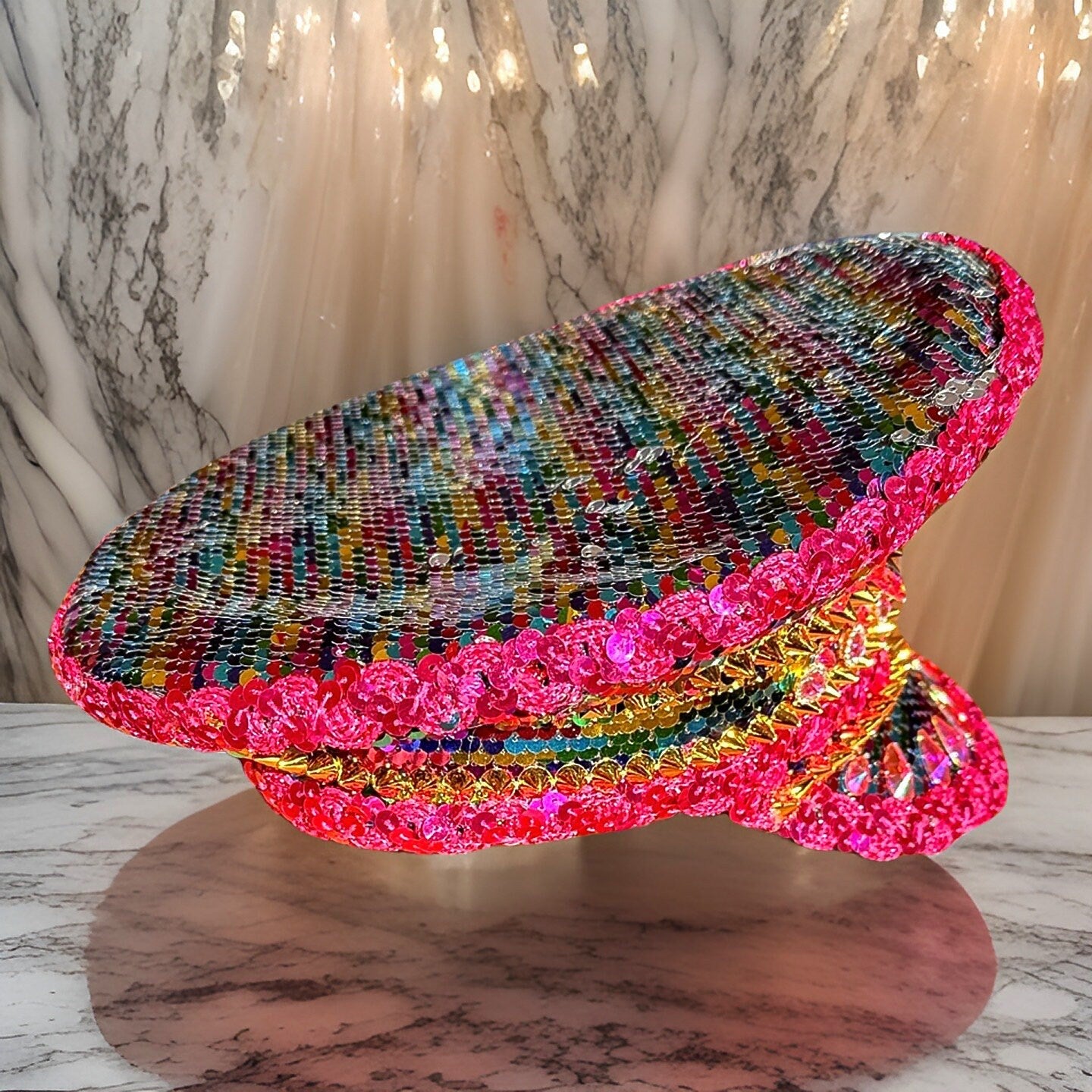 3rd Eye Pink Rainbow Rhinestone Hat, Jazz Fest Hat, Party Captain Hat, Sequin Festival Hat, Rave Hat, Birthday Hat, Custom Phrase Hat