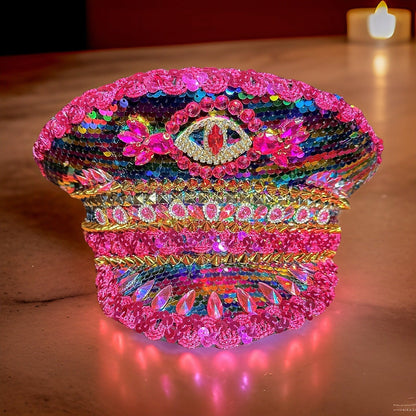 3rd Eye Pink Rainbow Rhinestone Hat, Jazz Fest Hat, Party Captain Hat, Sequin Festival Hat, Rave Hat, Birthday Hat, Custom Phrase Hat