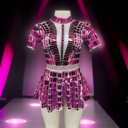 Electra Reflective Sequins Party Dress / Pink leotard and skirt, Futuristic Reflective Festival Outfit, Disco Dance Costume, Mirror Bodysuit