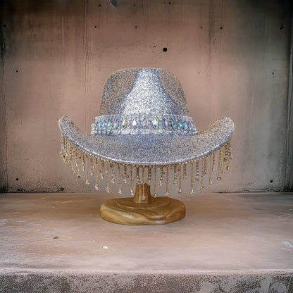 Silver Cowboy Hat with Rhinestone Tassels, Concert Hat, Felt Hat, Rave Hat, Bachelorette Birthday Hat, Rodeo Hat, Festival Hat, Bride Hat