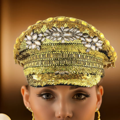 Personalized Fancy Gold Rhinestone Hat / Sequin Hat, Party Captain Hat, Festival Hat /Party Hat, Rave Hat / Birthday Hat / Custom Phrase Hat