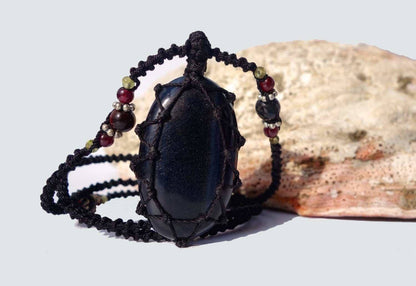 Blue Tiger Eye Macrame Necklace | Protection Stone | Unisex Healing Crystal