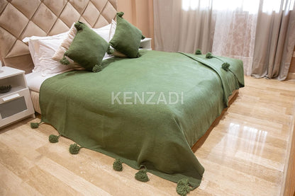 KENZADI Moroccan Handmade Pompom Blanket, Throw Blanket, Pom Pom Blanket, Boho Blanket, Bed Cover, Warm Blanket, Cozy Blanket (Green with pom Green, King (U.S. Standard))