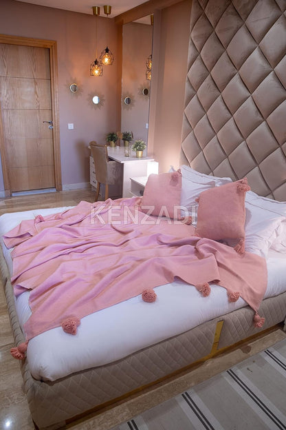 KENZADI Moroccan Handmade Pompom Blanket, Throw Blanket, Pom Pom Blanket, Boho Blanket, Bed Cover, Warm Blanket, Cozy Blanket (Pink with pom Pink, King (U.S. Standard))