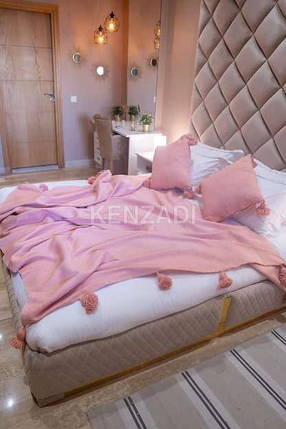 KENZADI Moroccan Handmade Pompom Blanket, Throw Blanket, Pom Pom Blanket, Boho Blanket, Bed Cover, Warm Blanket, Cozy Blanket (Pink with pom Pink, King (U.S. Standard))