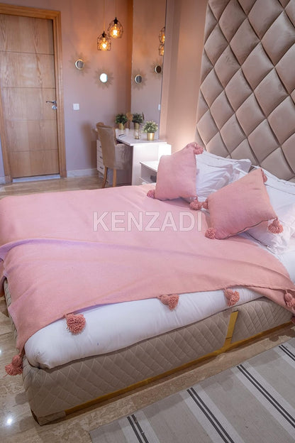 KENZADI Moroccan Handmade Pompom Blanket, Throw Blanket, Pom Pom Blanket, Boho Blanket, Bed Cover, Warm Blanket, Cozy Blanket (Pink with pom Pink, King (U.S. Standard))