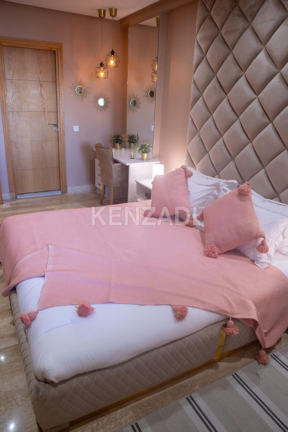 KENZADI Moroccan Handmade Pompom Blanket, Throw Blanket, Pom Pom Blanket, Boho Blanket, Bed Cover, Warm Blanket, Cozy Blanket (Pink with pom Pink, Queen (U.S. Standard))