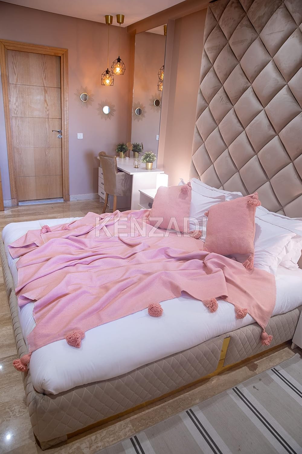 KENZADI Moroccan Handmade Pompom Blanket, Throw Blanket, Pom Pom Blanket, Boho Blanket, Bed Cover, Warm Blanket, Cozy Blanket (Pink with pom Pink, Queen (U.S. Standard))