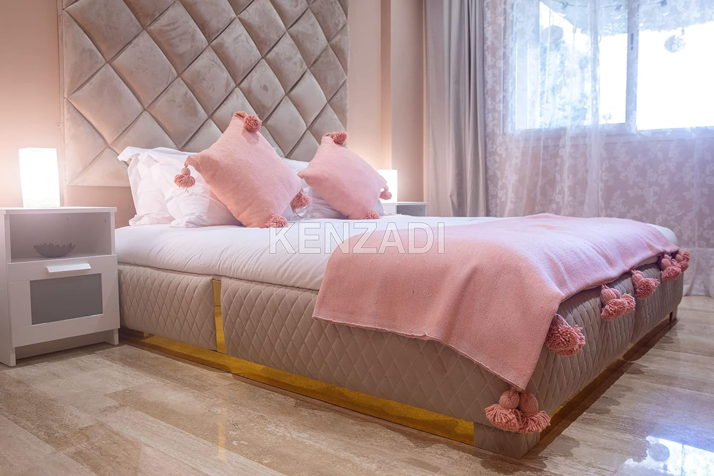 KENZADI Moroccan Handmade Pompom Blanket, Throw Blanket, Pom Pom Blanket, Boho Blanket, Bed Cover, Warm Blanket, Cozy Blanket (Pink with pom Pink, Queen (U.S. Standard))