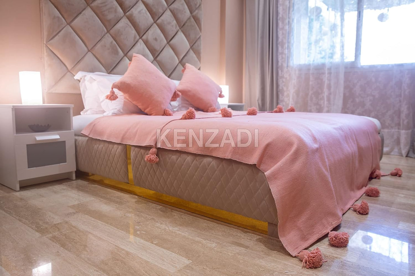 KENZADI Moroccan Handmade Pompom Blanket, Throw Blanket, Pom Pom Blanket, Boho Blanket, Bed Cover, Warm Blanket, Cozy Blanket (Pink with pom Pink, Queen (U.S. Standard))