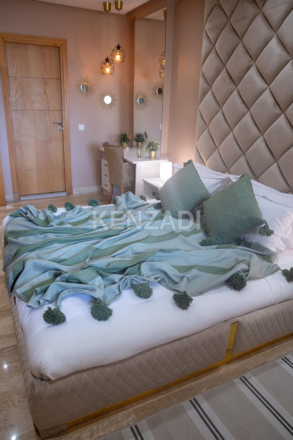 KENZADI Moroccan Handmade Pompom Blanket, Throw Blanket, Pom Pom Blanket, Boho Blanket, Bed Cover, Warm Blanket, Cozy Blanket (Striped Green with pom Green, King (U.S. Standard))