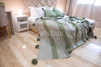 KENZADI Moroccan Handmade Pompom Blanket, Throw Blanket, Pom Pom Blanket, Boho Blanket, Bed Cover, Warm Blanket, Cozy Blanket (Striped Green with pom Green, Queen (U.S. Standard))