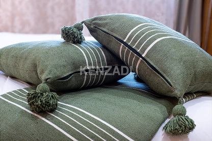 KENZADI Moroccan Handmade Pompom Blanket, Throw Blanket, Pom Pom Blanket, Boho Blanket, Bed Cover, Warm Blanket, Cozy Blanket (Striped Green with pom Green, Queen (U.S. Standard))